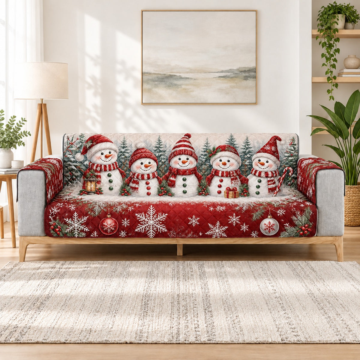Snowman family red winter quilted sofa cover on a couch, AI-generated product mockup