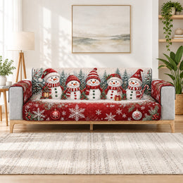 Snowman Family Christmas Sofa Cover, Red Winter Couch Protector Holiday Gift