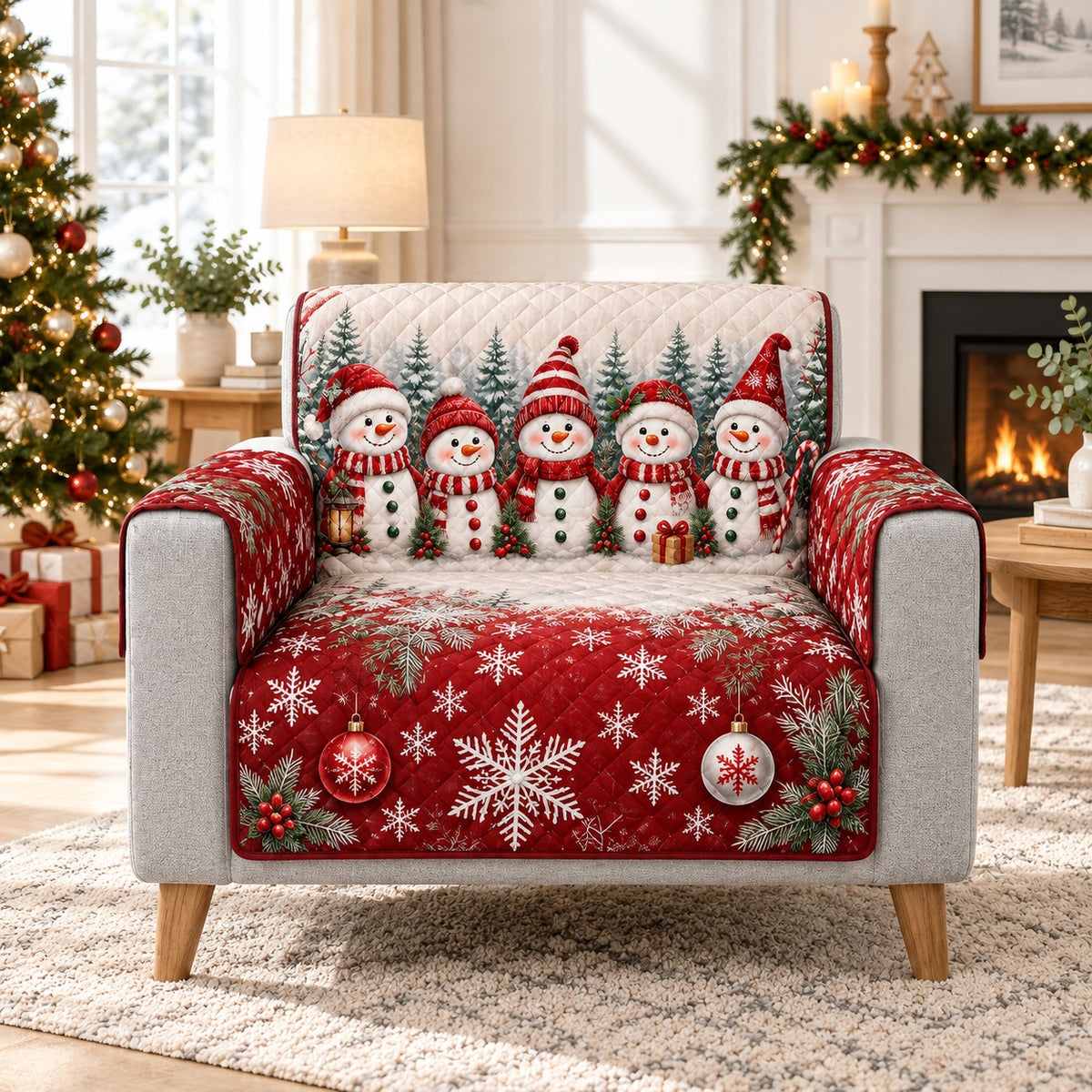Snowman family red winter quilted sofa cover on an armchair, AI-generated product mockup