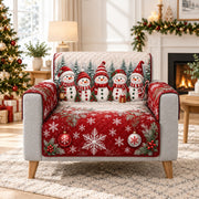 Snowman family red winter quilted sofa cover on an armchair, AI-generated product mockup