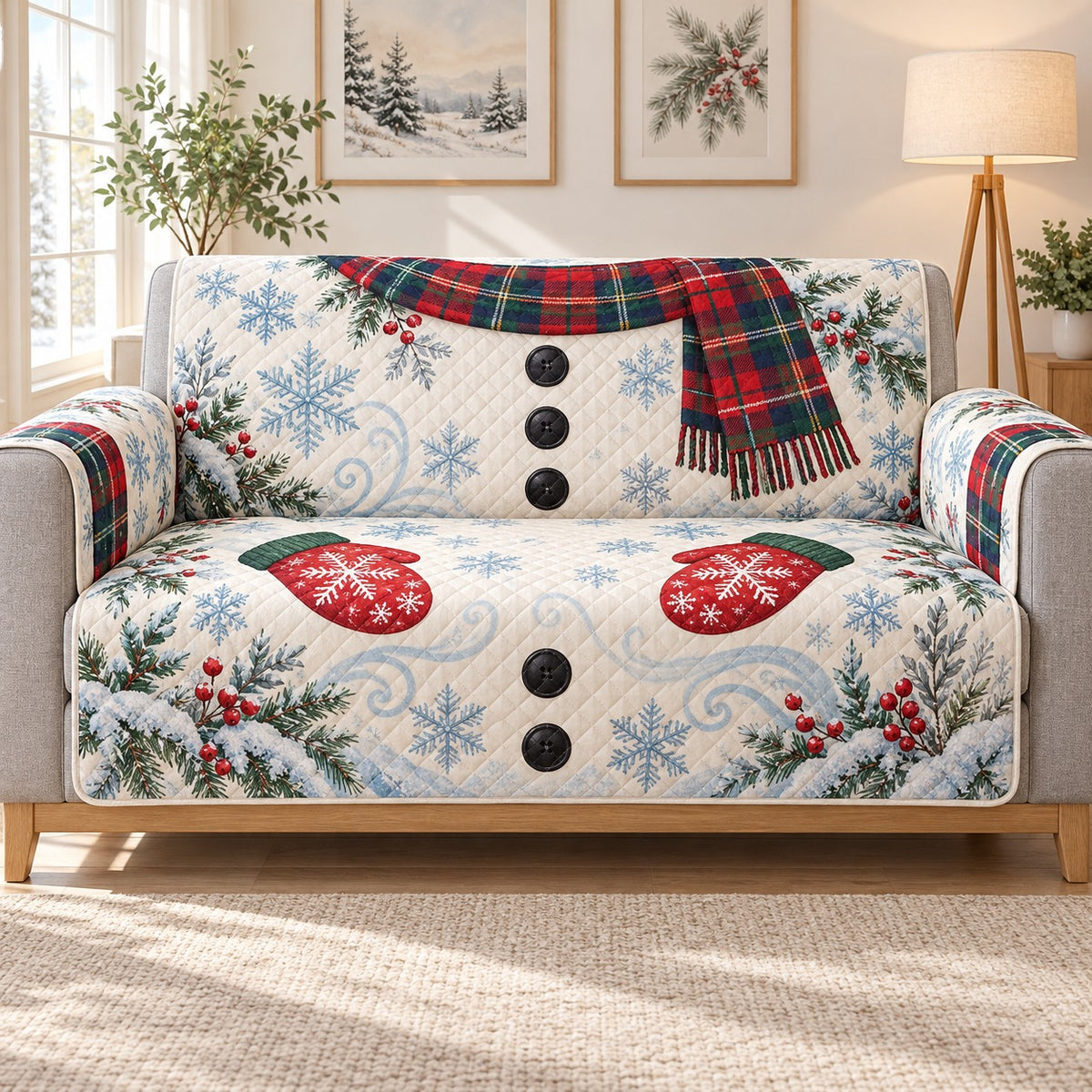 Snowman body with tartan scarf and mittens quilted sofa cover on a couch, AI-generated product mockup