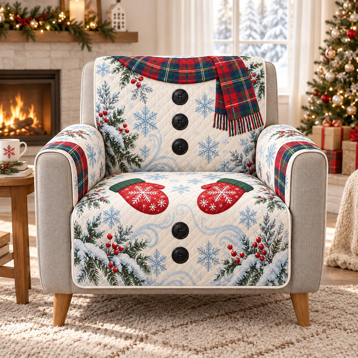 Snowman body with tartan scarf and mittens quilted sofa cover on an armchair, AI-generated product mockup