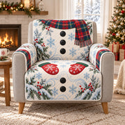 Snowman body with tartan scarf and mittens quilted sofa cover on an armchair, AI-generated product mockup