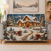 Snowy Christmas Cottage Sofa Cover mockup 1