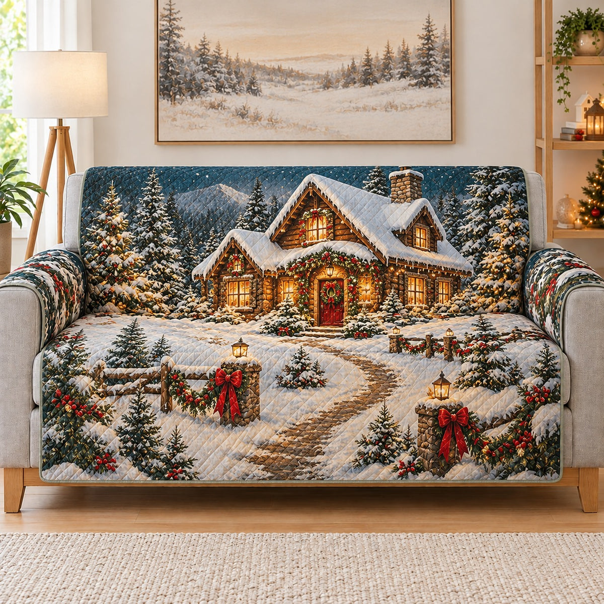 Snowy Christmas Cottage Sofa Cover mockup 1