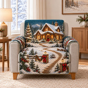 Snowy Christmas Cottage Sofa Cover mockup 3