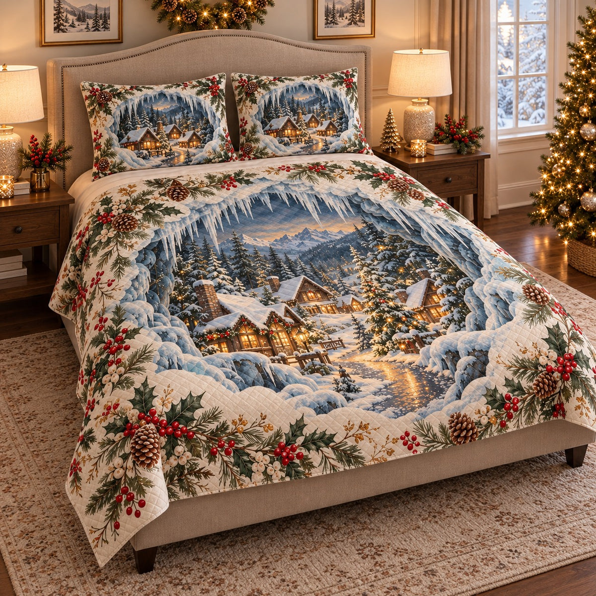 Snowy Christmas Village Quilt Set mockup 2
