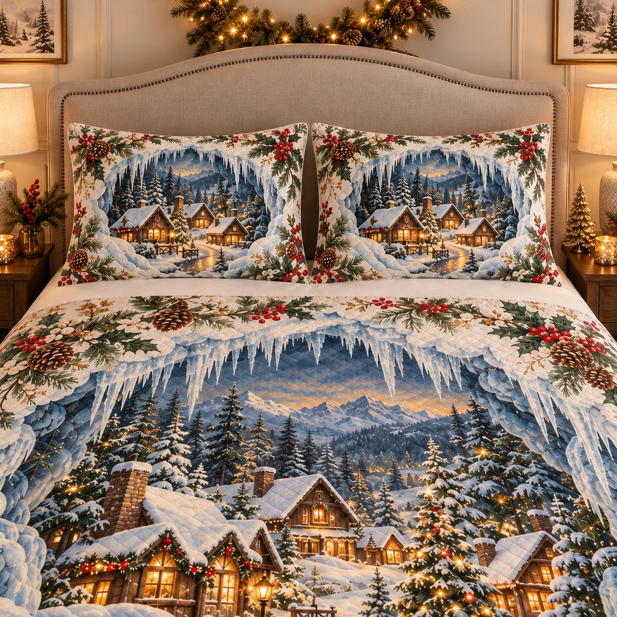 Snowy Christmas Village Quilt Set mockup 3