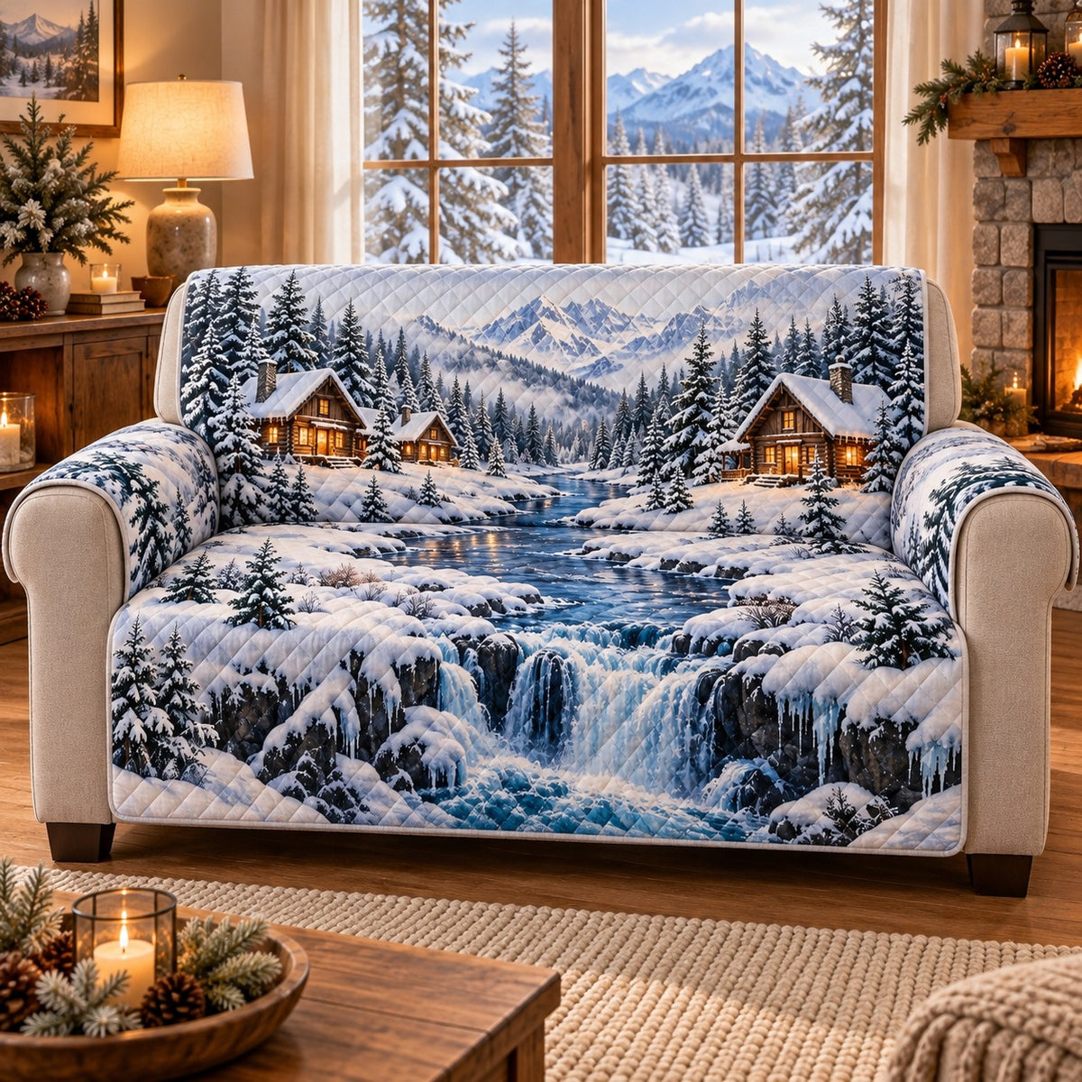 Snowy Mountain Cabin Sofa Cover mockup 3