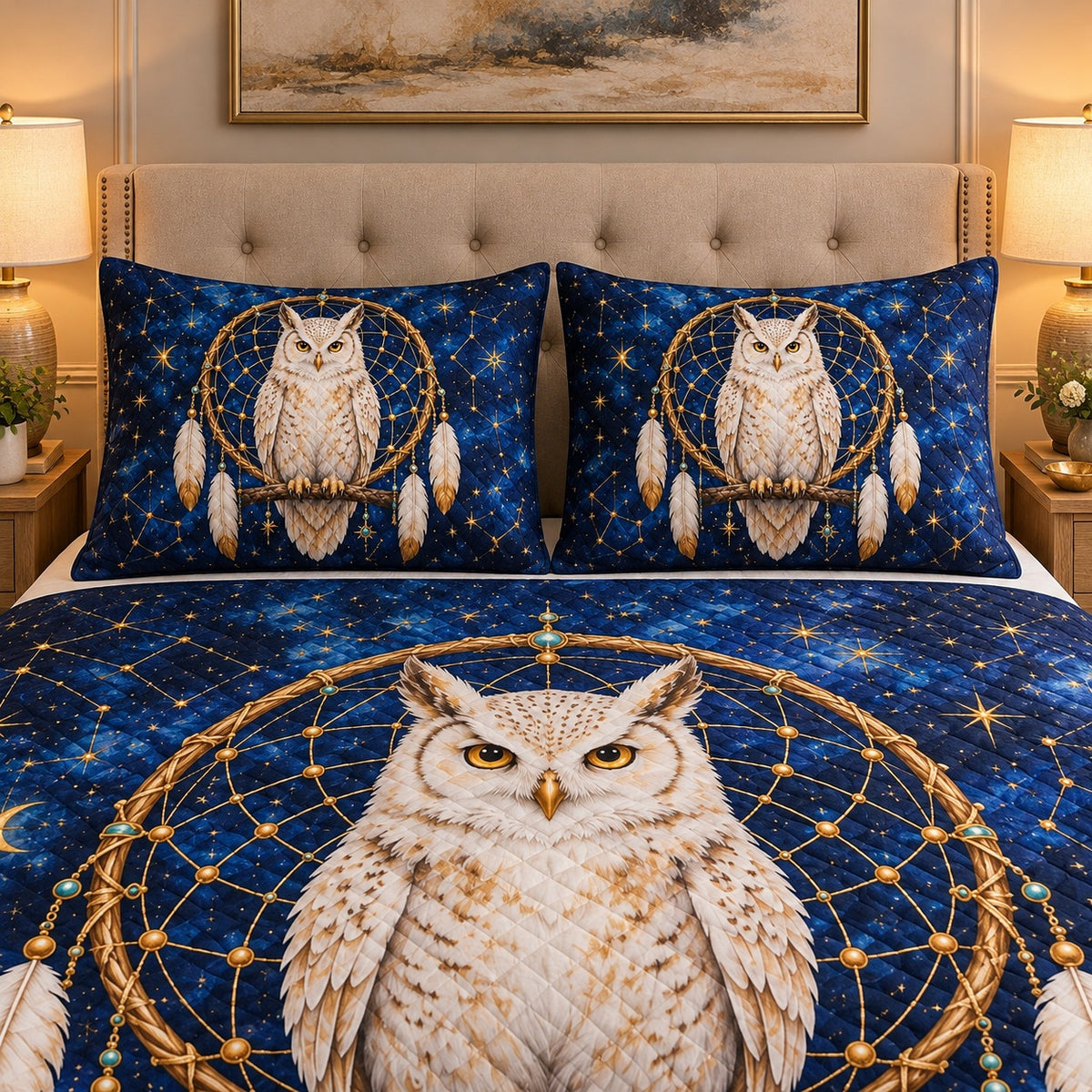 Snowy Owl Dreamcatcher Quilt Set mockup 3