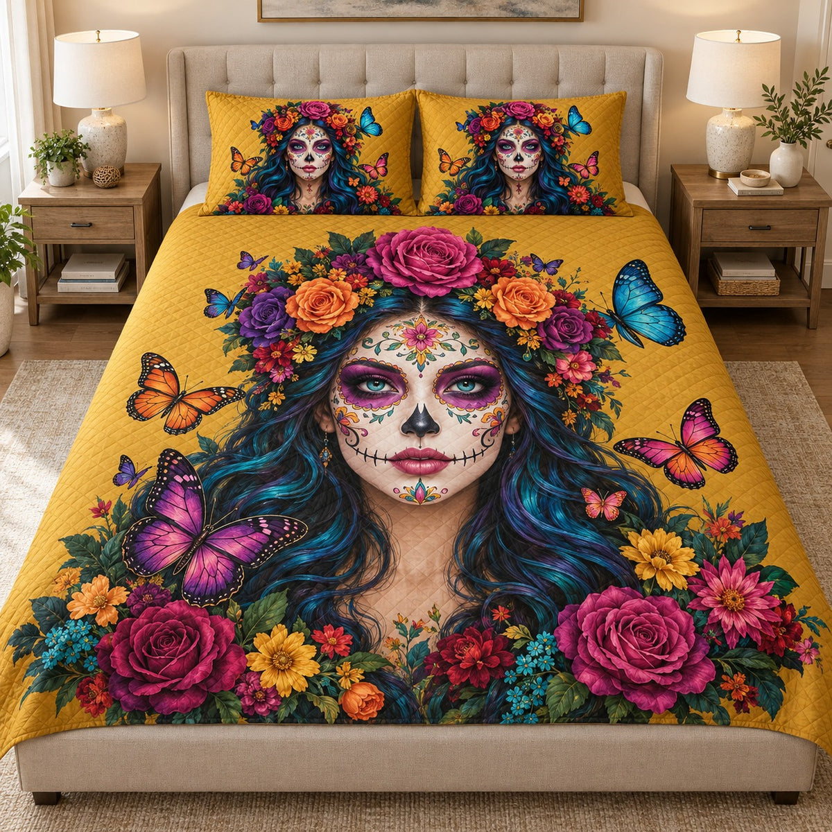 Sugar Skull Floral Woman Quilt Set mockup 1