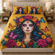 Sugar Skull Floral Woman Quilt Set mockup 1