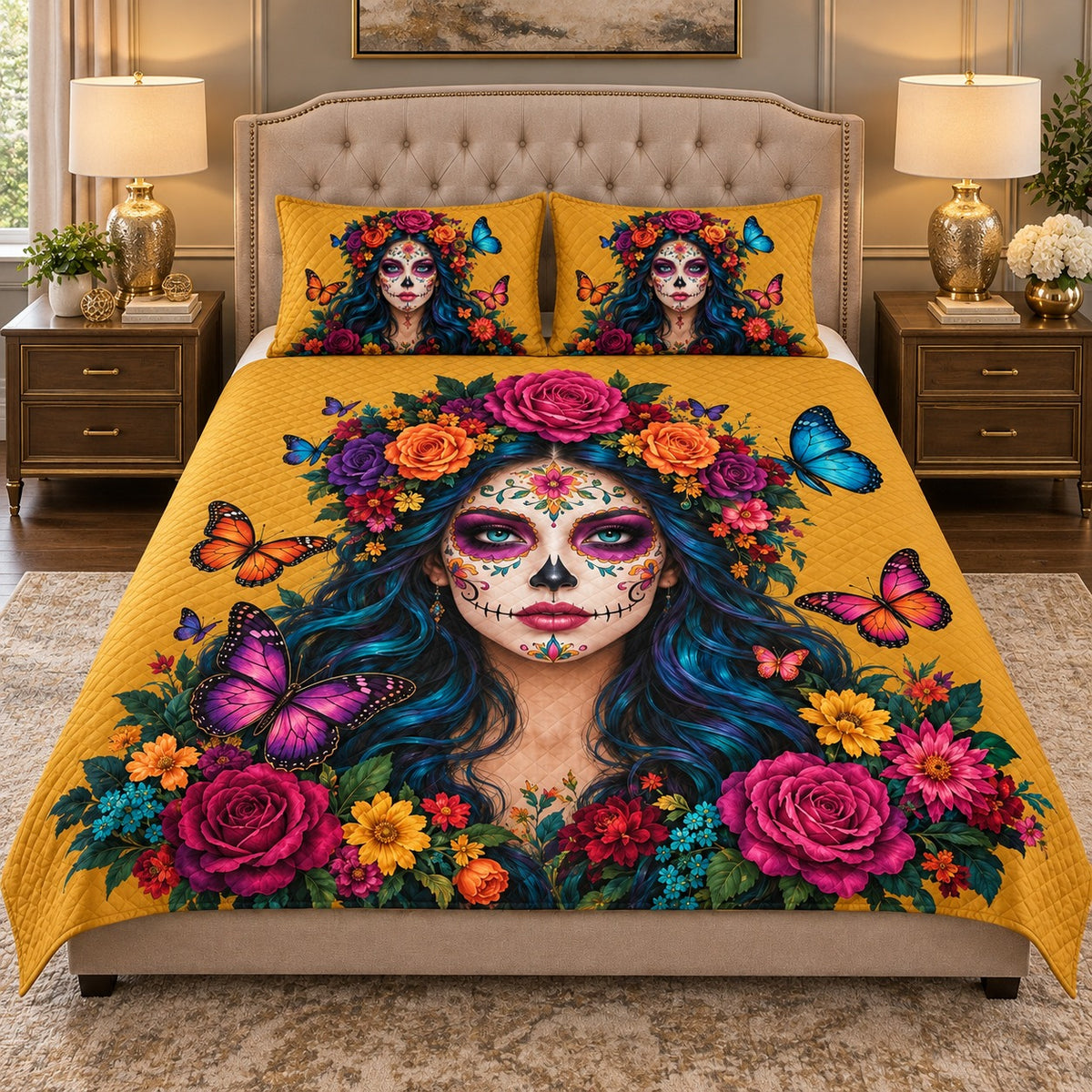 Sugar Skull Floral Woman Quilt Set mockup 2