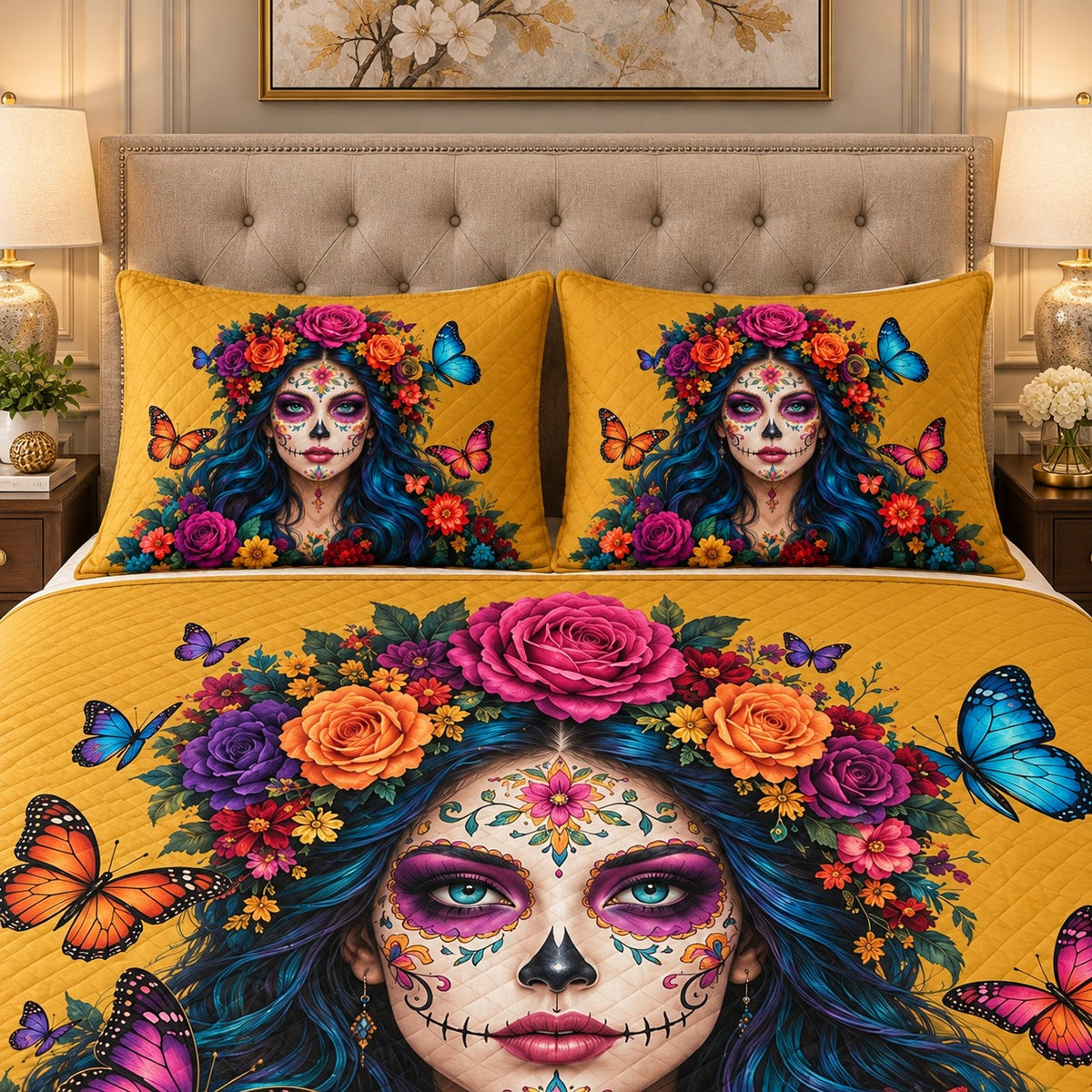 Sugar Skull Floral Woman Quilt Set mockup 3