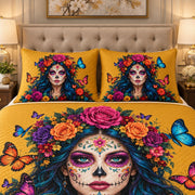 Sugar Skull Floral Woman Quilt Set mockup 3