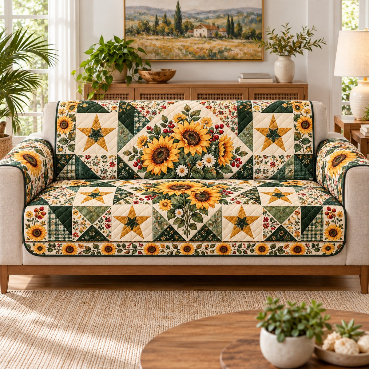 Sunflower Patchwork Sofa Cover, Floral Star Couch Protector Gift for Gardeners
