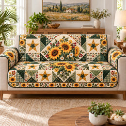Sunflower Patchwork Sofa Cover, Floral Star Couch Protector Gift for Gardeners