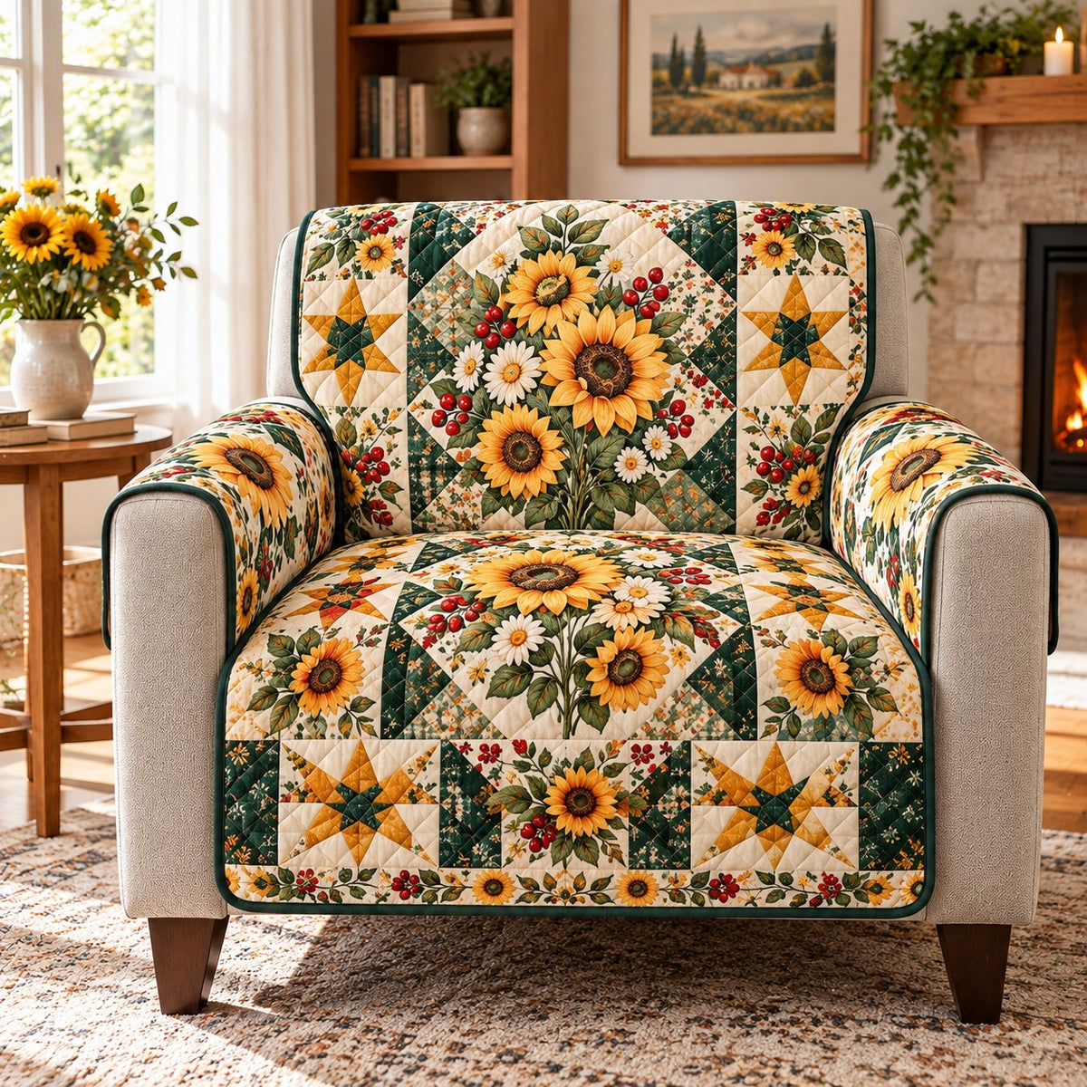 Sunflower daisy and star patchwork quilted sofa cover on an armchair, AI-generated product mockup