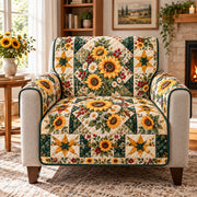 Sunflower daisy and star patchwork quilted sofa cover on an armchair, AI-generated product mockup