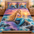 Sunset Mermaid Ocean Quilt Set, Coastal Fantasy Bedding Gift