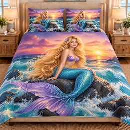 Sunset Mermaid Ocean Quilt Set, Coastal Fantasy Bedding Gift