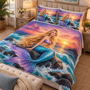 Sunset Mermaid Ocean Quilt Set mockup 2