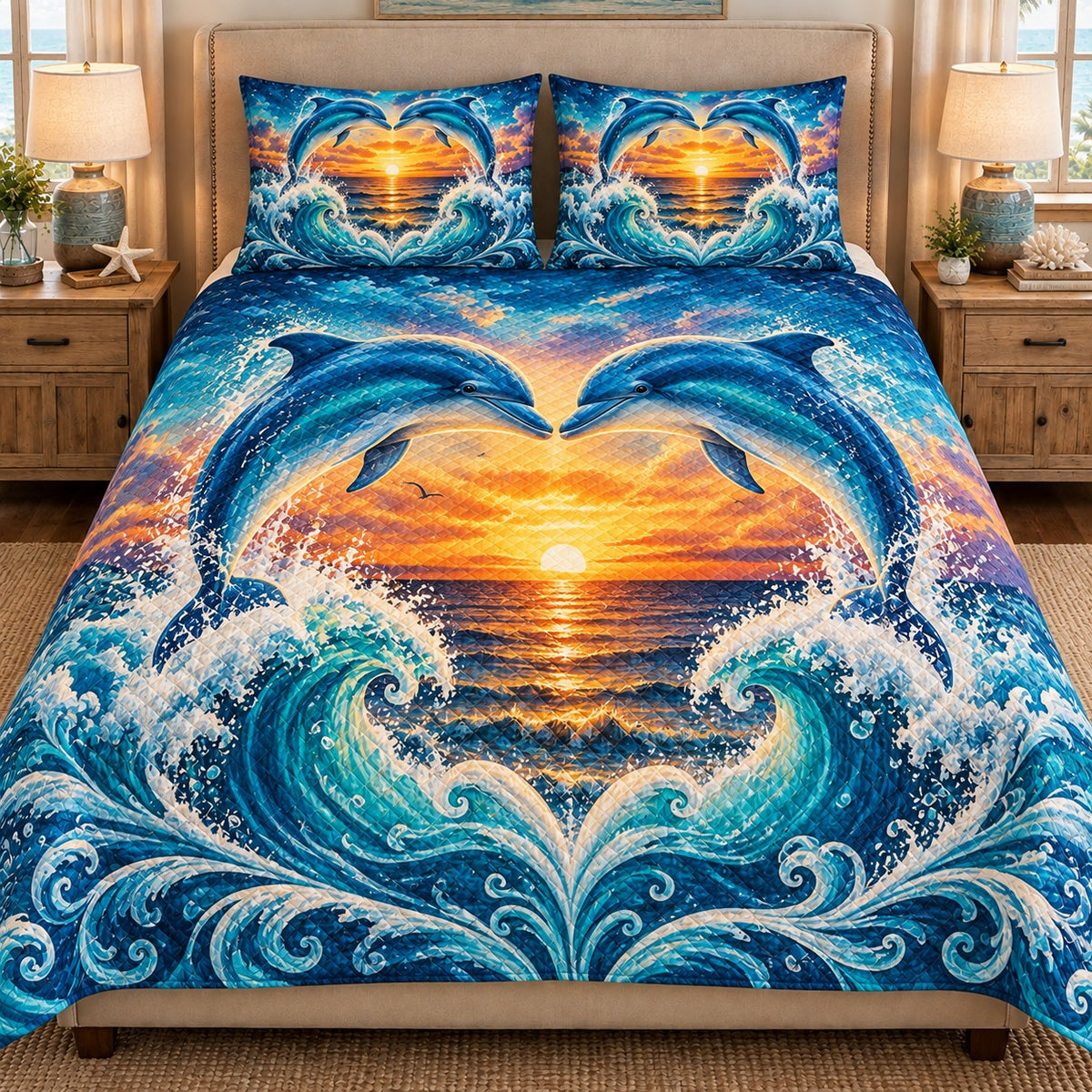 Sunset Dolphins Ocean Quilt Set, Coastal Bedding Gift for Sea Lovers