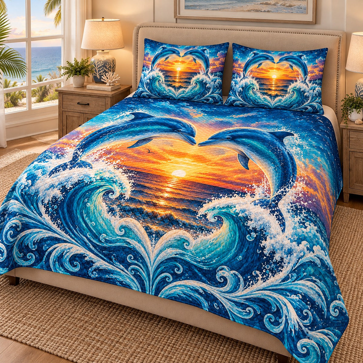 Sunset Dolphins Ocean Quilt Set mockup 2
