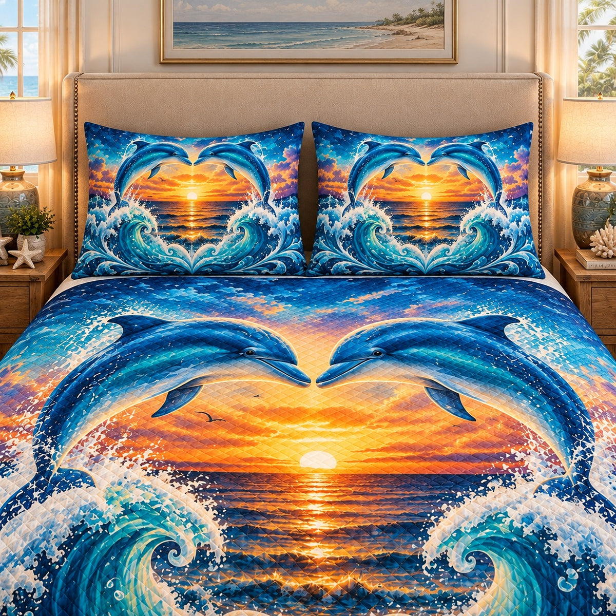 Sunset Dolphins Ocean Quilt Set mockup 3