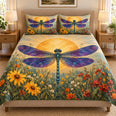 Sunset Dragonfly Meadow Quilt Set, Nature Bedding Gift for Her