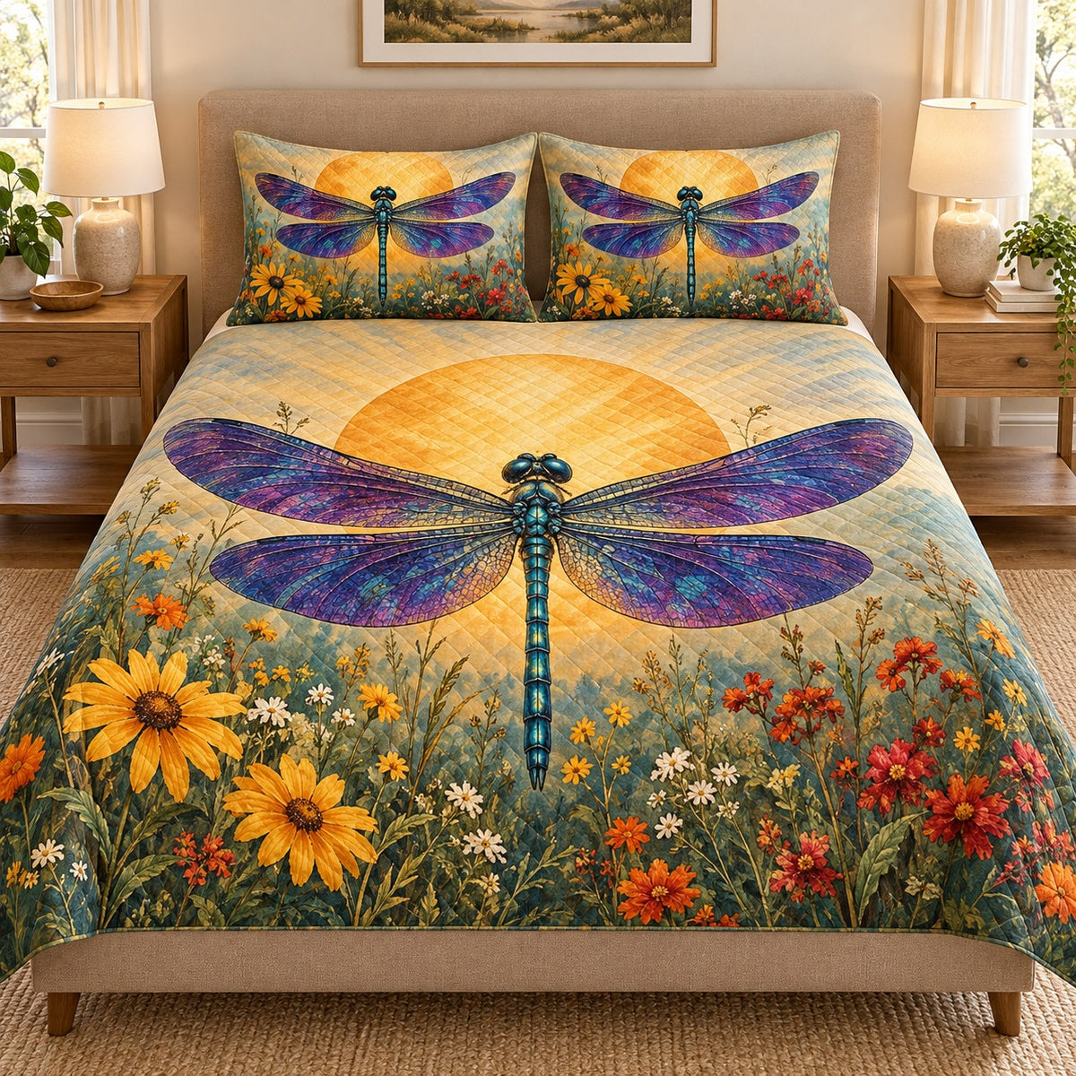 Sunset Dragonfly Meadow Quilt Set mockup 1