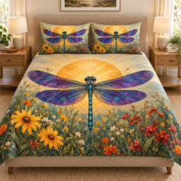 Sunset Dragonfly Meadow Quilt Set, Nature Bedding Gift for Her