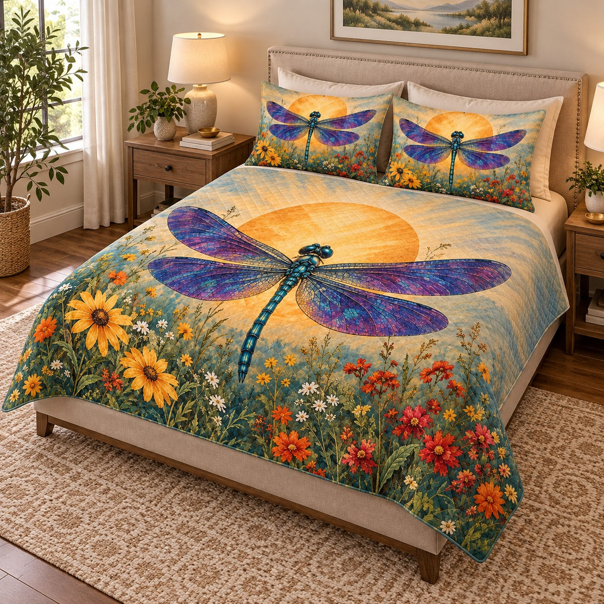 Sunset Dragonfly Meadow Quilt Set mockup 2