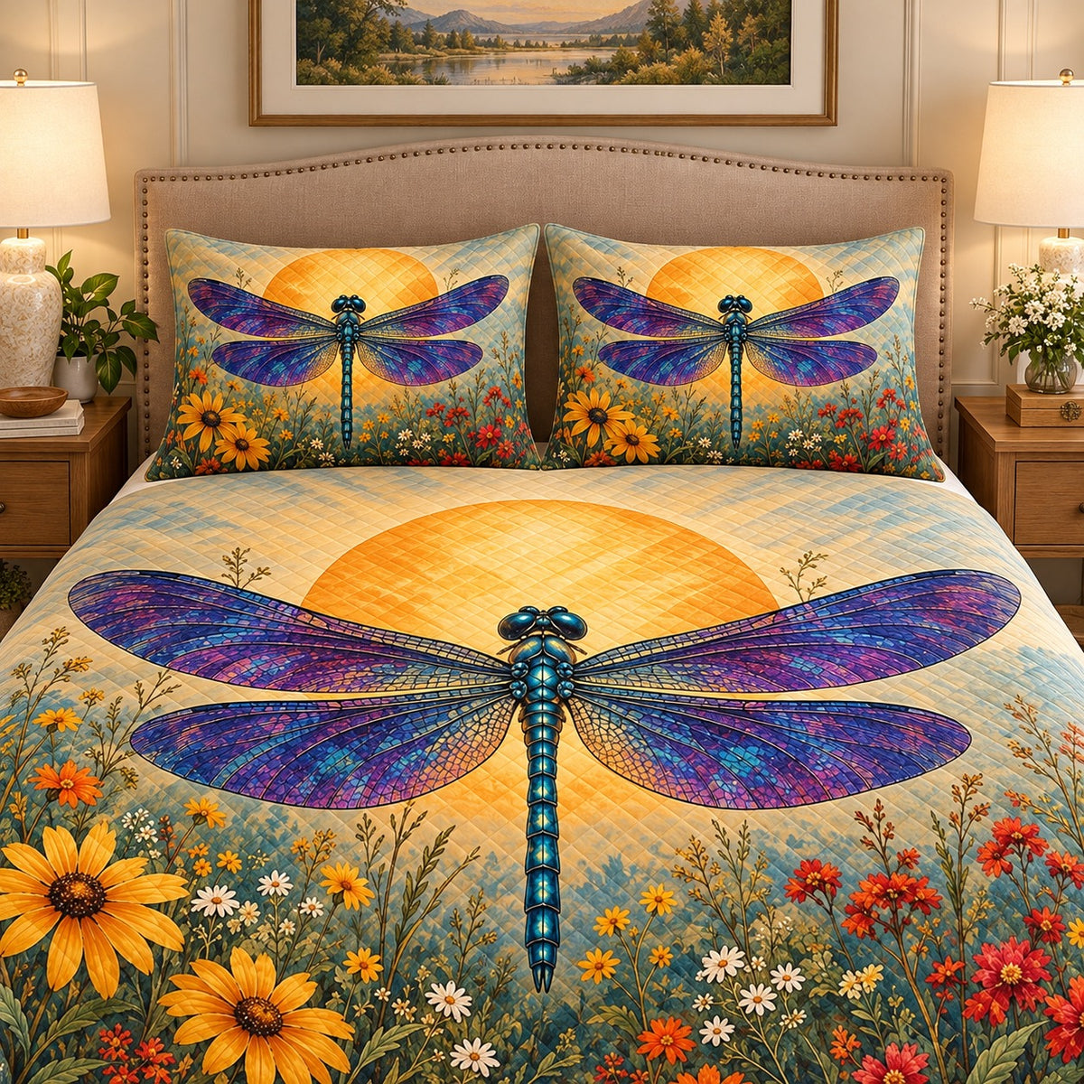 Sunset Dragonfly Meadow Quilt Set mockup 3