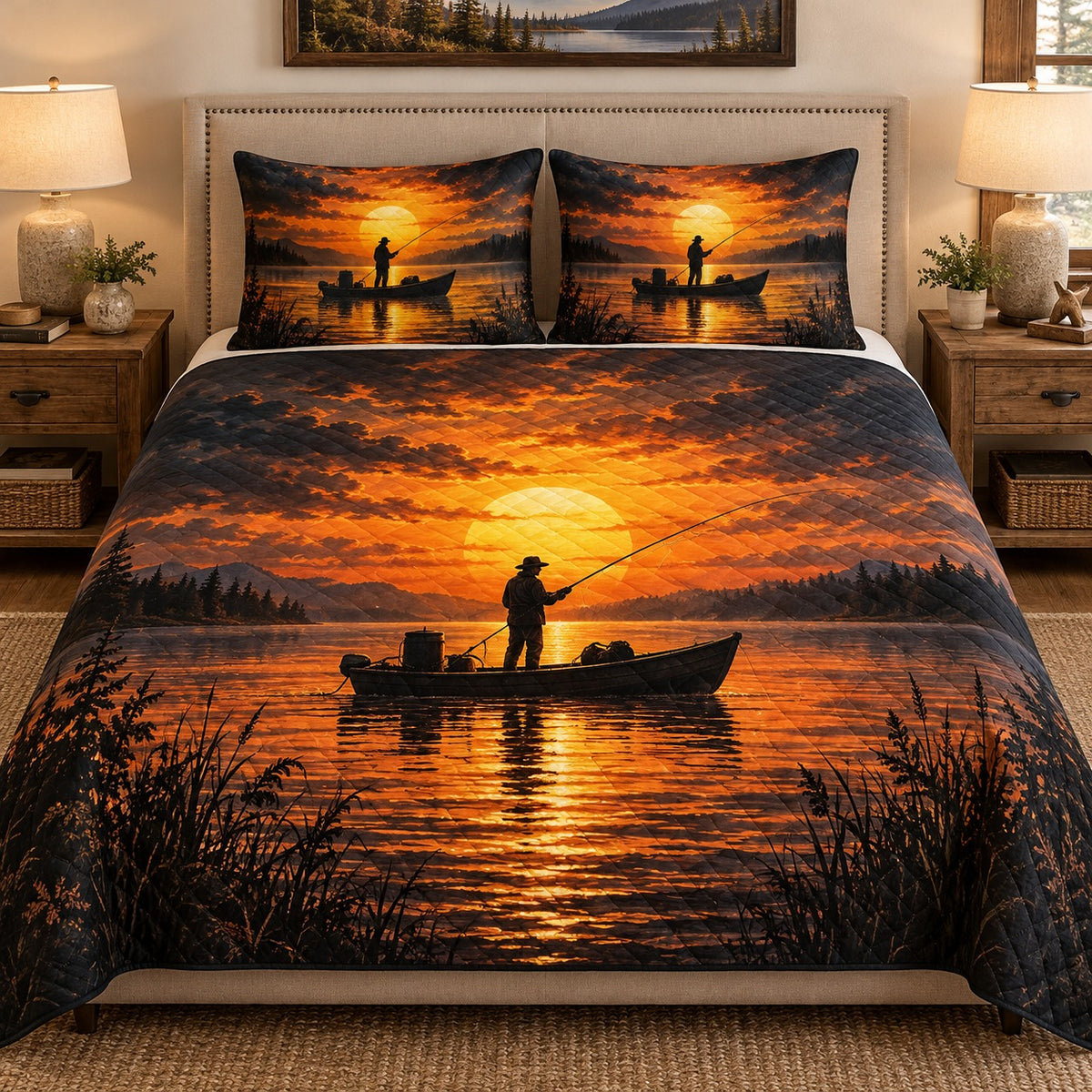 Sunset Fishing Lake Quilt Set – Peaceful Outdoor Bedding Gift for Anglers
