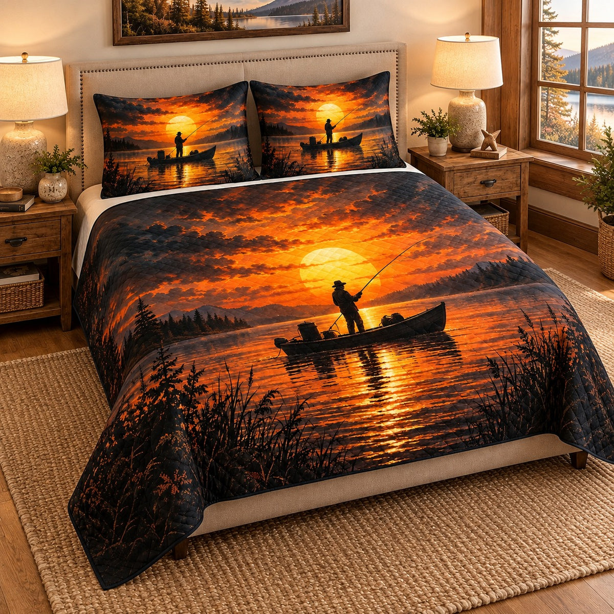 Sunset fishing lake quilt set mockup 2