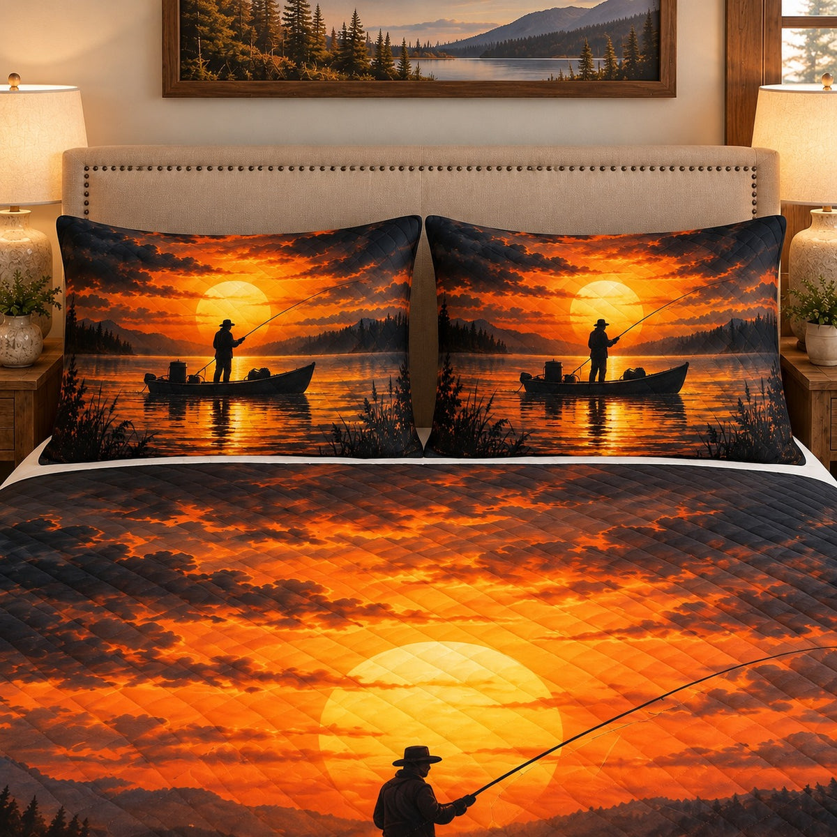 Sunset fishing lake quilt set mockup 3