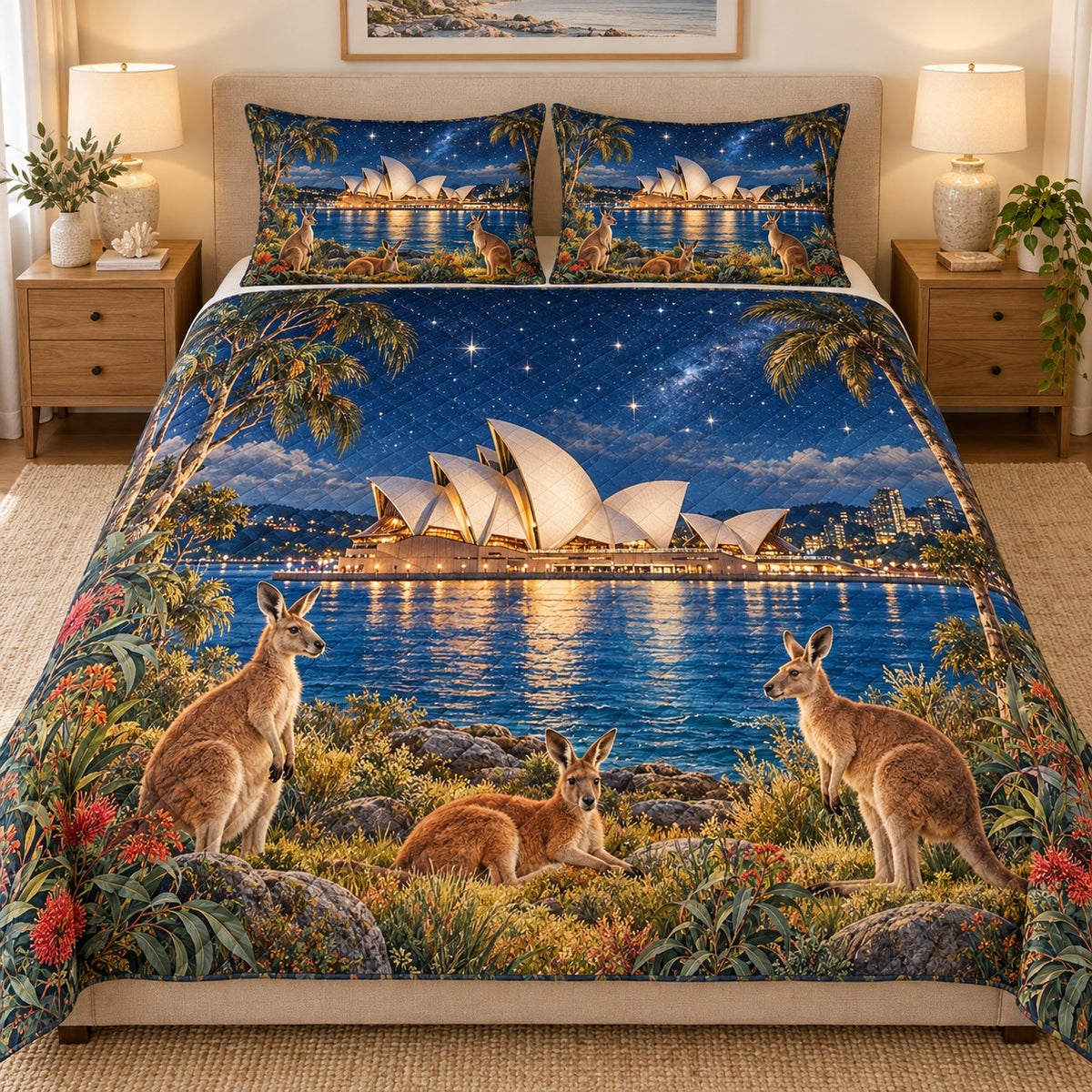 Sydney Opera House Kangaroo Quilt Set mockup 1