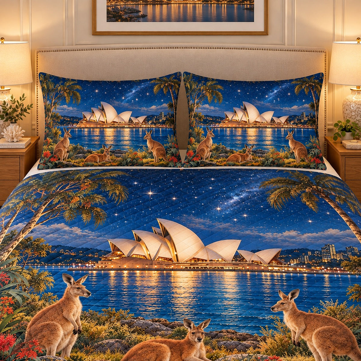 Sydney Opera House Kangaroo Quilt Set mockup 2