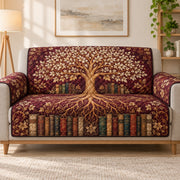 Tree of knowledge and vintage books quilted sofa cover on a couch, AI-generated product mockup
