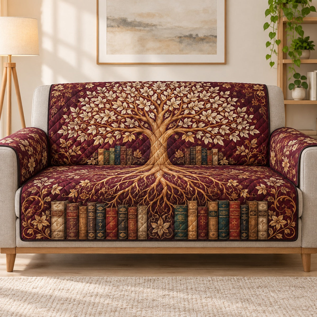 Tree of knowledge and vintage books quilted sofa cover on a couch, AI-generated product mockup