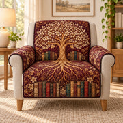 Tree roots and vintage library books quilted sofa cover on an armchair, AI-generated product mockup