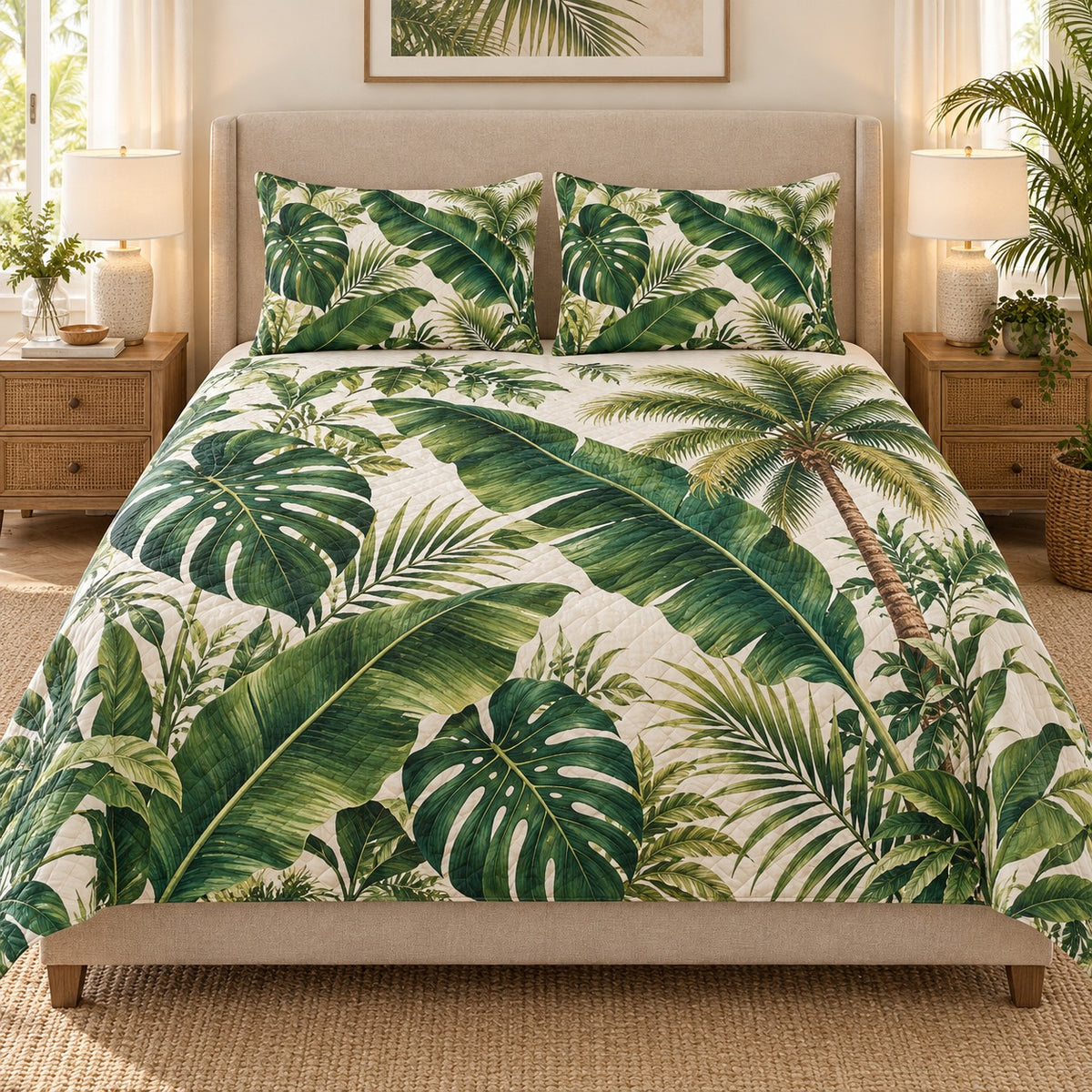 Tropical Monstera Leaf Quilt Set, Botanical Bedding Gift for Plant Lovers