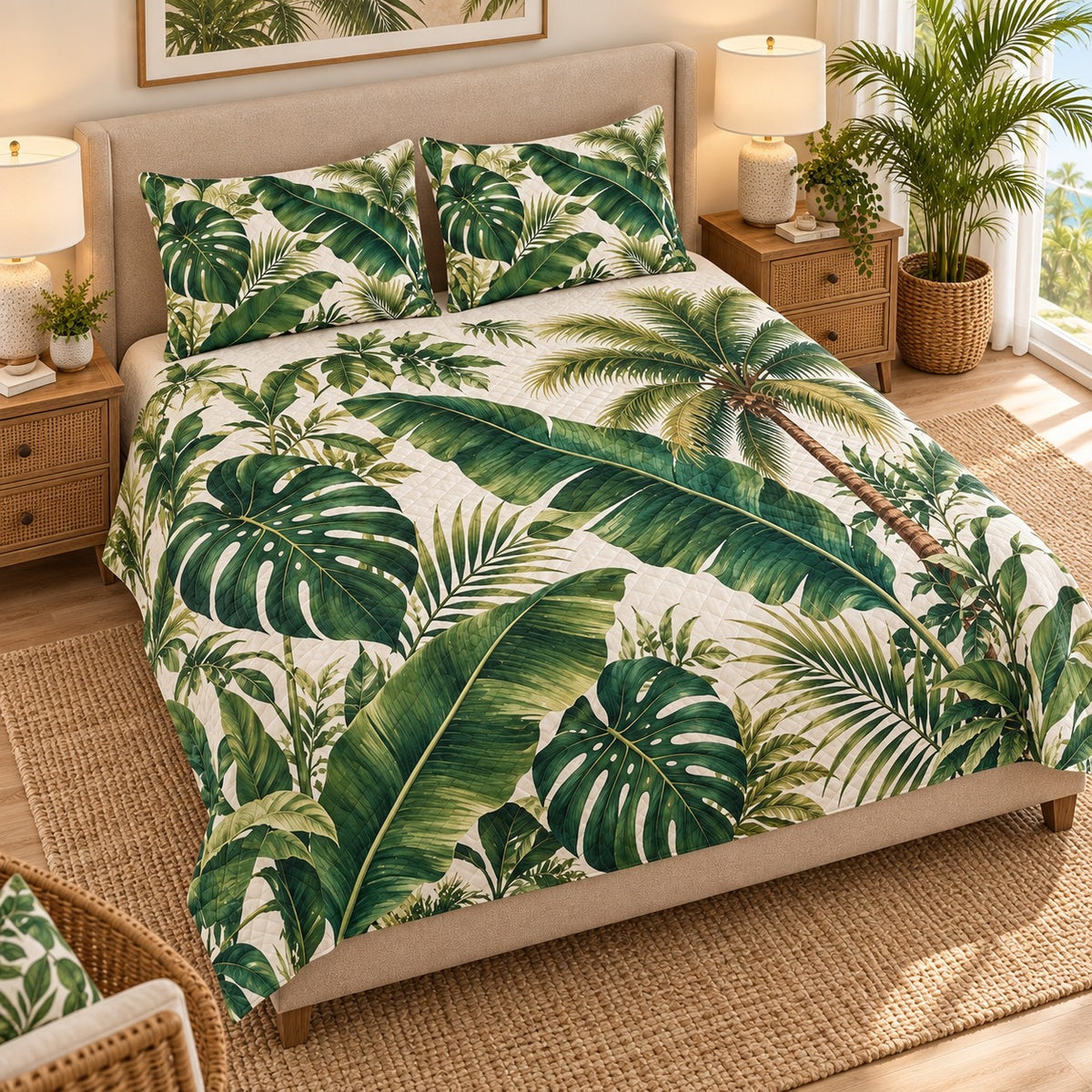 Tropical Monstera Leaf Quilt Set mockup 2
