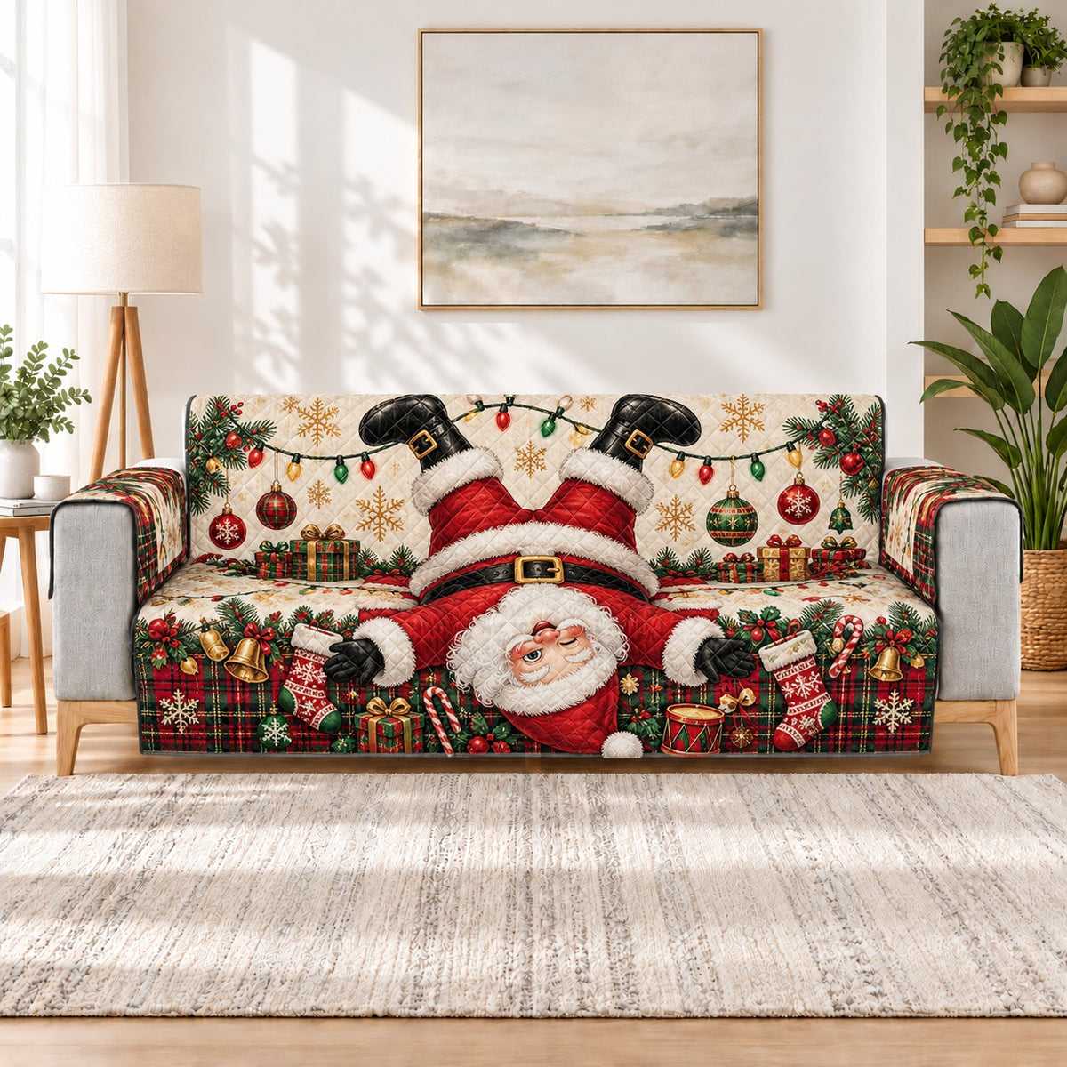 Upside-down Santa with Christmas gifts quilted sofa cover on a couch, AI-generated product mockup