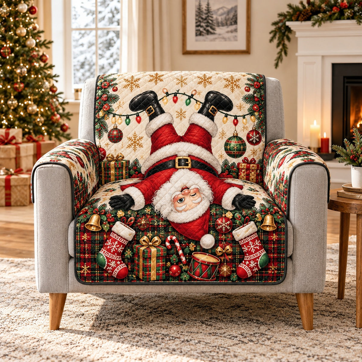 Upside-down Santa with Christmas gifts quilted sofa cover on an armchair, AI-generated product mockup