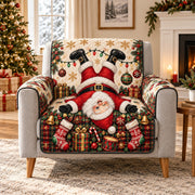 Upside-down Santa with Christmas gifts quilted sofa cover on an armchair, AI-generated product mockup