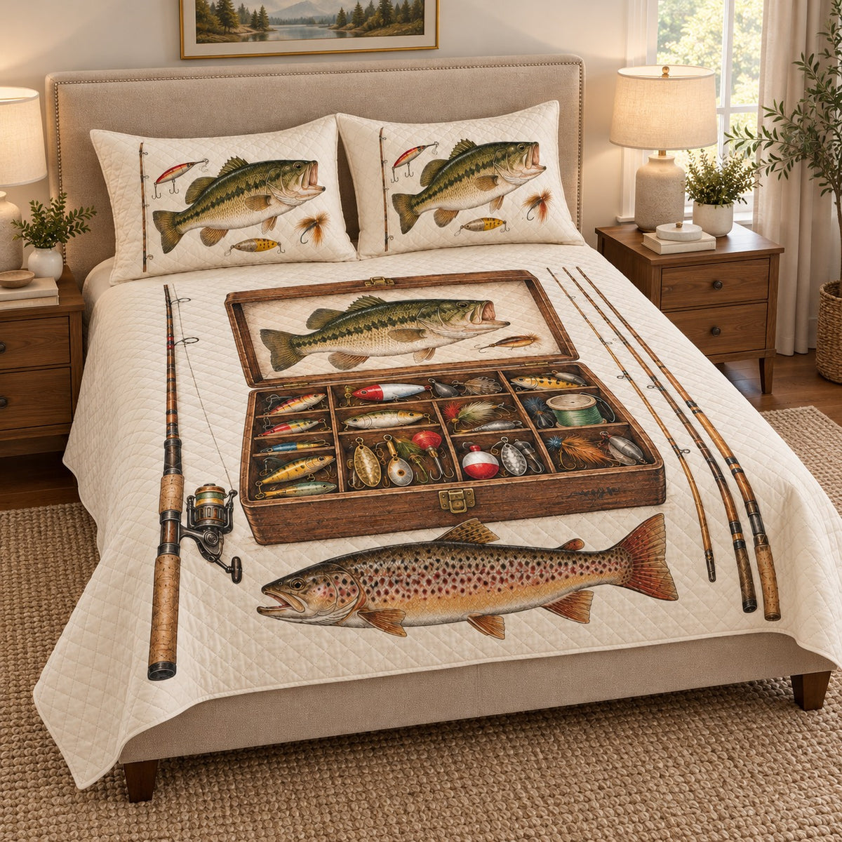 Vintage Fly Fishing Quilt Set mockup 2