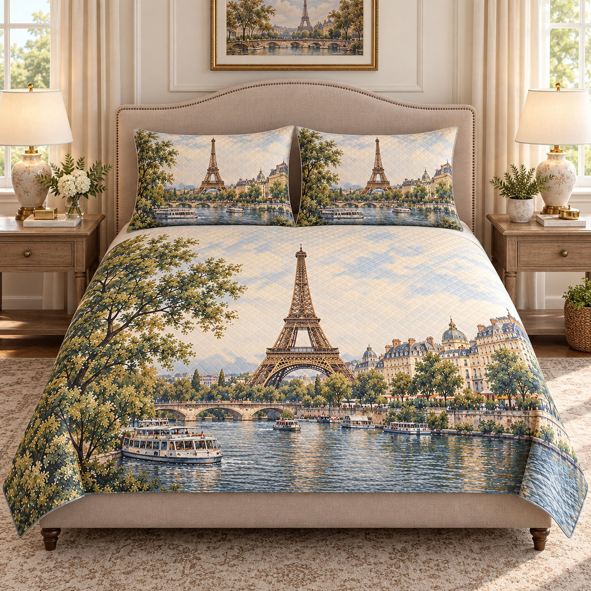 Vintage Paris Eiffel Tower Quilt Set mockup 2