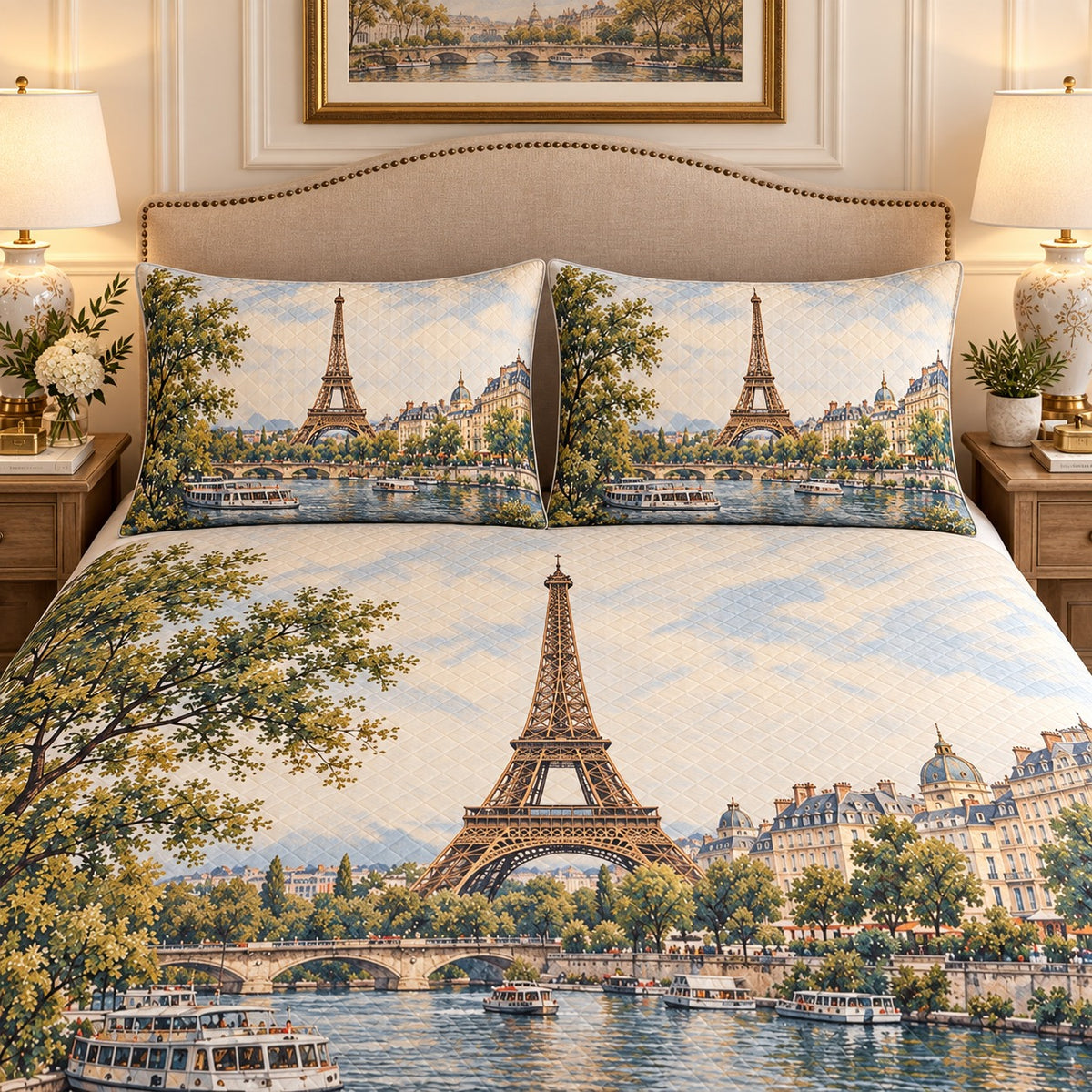 Vintage Paris Eiffel Tower Quilt Set mockup 3